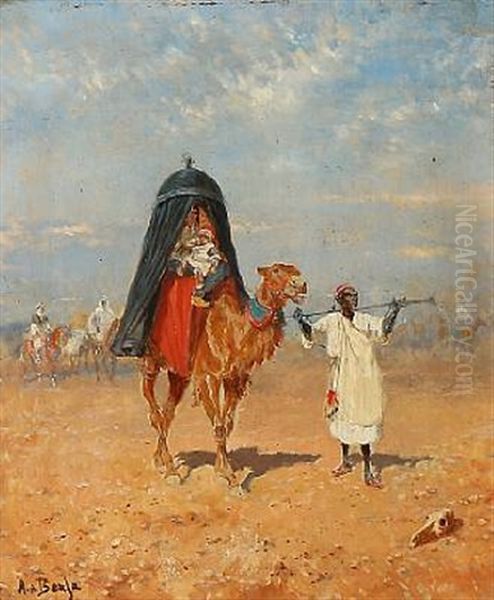 Scene From Egypt With A Dromedary Transporting People Oil Painting by Alexander Ritter Von Bensa