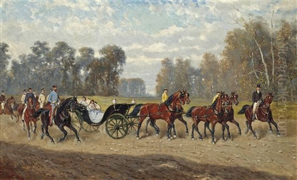 The Imperial Entourage With Emperor Franz Josef I (1848-1916) On His Horse, Empress Elisabeth (1854-1898) (known As Sisi) And Their Youngest Daughter Archduchess Marie Valerie (1868-1924) In The Carriage Oil Painting by Alexander Ritter Von Bensa