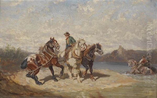 Treidelpferde An Der Donau Oil Painting by Alexander Ritter Von Bensa