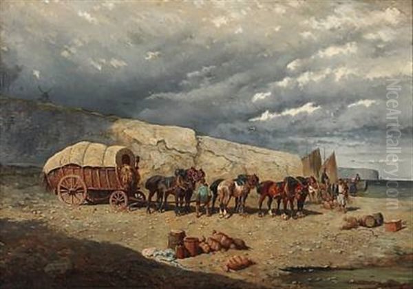 Coastal View With A Horse-drawn Carriage On The Beach, Brittany Oil Painting by Alexander Ritter Von Bensa