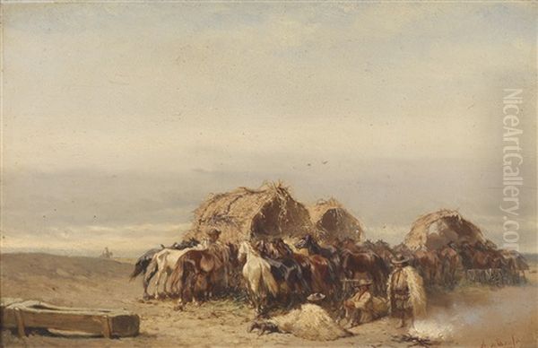 Szene Aus Der Puszta Mit Hirten Und Pferden Oil Painting by Alexander Ritter Von Bensa