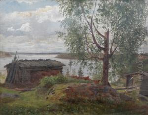 Insjolandskap Med Fabodar Oil Painting by Fredrik Ahlstedt