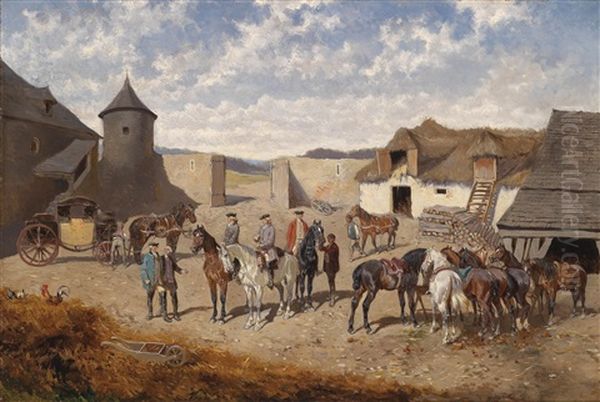 Pferdewechsel Am Gutshof Oil Painting by Alexander Ritter Von Bensa