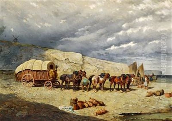 Coastal View With A Horse-drawn Carriage On The Beach, Brittany by Alexander Ritter Von Bensa