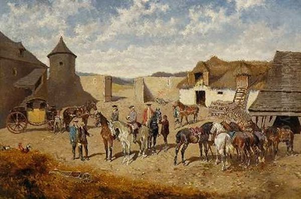 Reiter Und Postkutsche In Einem Gehoft Oil Painting by Alexander Ritter Von Bensa