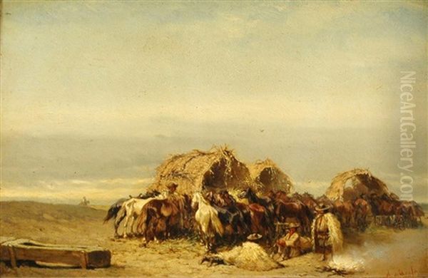 Horse Merchants Resting In Puszt Oil Painting by Alexander Ritter Von Bensa