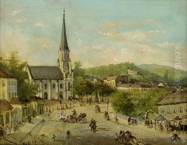 Wien: Blick Auf Den Hauptplatz Von Hietzing Mit Der Kirche Maria Hietzing, Links Der Eingang Zum Park Von Schloss Schonbrunn Oil Painting by Alexander Ritter Von Bensa