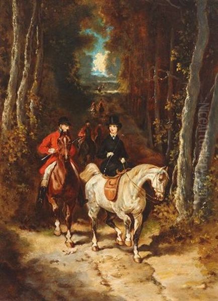 Der Ausritt. Elegante Dame Im Schwarzen Reitkleid Auf Schimmel Und Zahlreiche Reiter Auf Malerischer Allee Oil Painting by Alexander Ritter Von Bensa