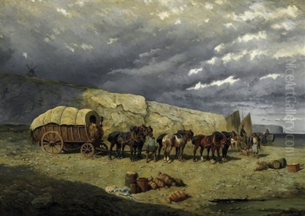 An Der Bretonischen Kuste Bei Rouans. Fischer Mit Ihren Pferdekarren Am Fuse Der Klippen Oil Painting by Alexander Ritter Von Bensa