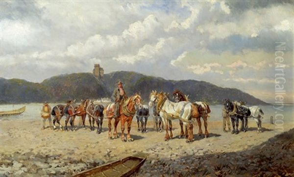 Treidelpferde An Der Donau Oil Painting by Alexander Ritter Von Bensa