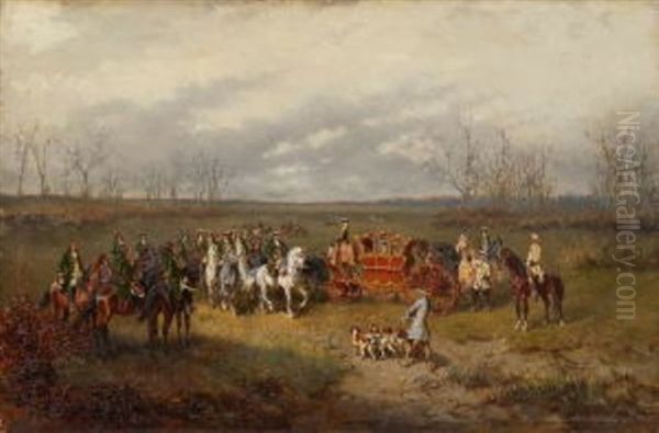 Parforcejager Der Rokokozeit Begegnen Zwei In Einer Kutsche Reisenden In Weiter Landschaft Oil Painting by Alexander Ritter Von Bensa