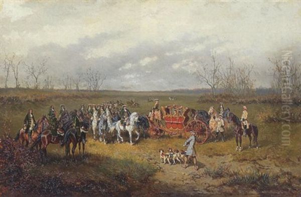 Parforcejager Der Rokokozeit Begegnen Zwei In Einer Kutsche Reisenden In Weiter Landschaft Oil Painting by Alexander Ritter Von Bensa