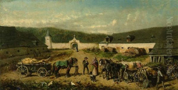 Pferdefuhrwerke Im Hof Eines Bauerngehoftes Oil Painting by Alexander Ritter Von Bensa