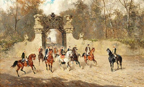 Hunting Party With A Castle In The Background Oil Painting by Alexander Ritter Von Bensa