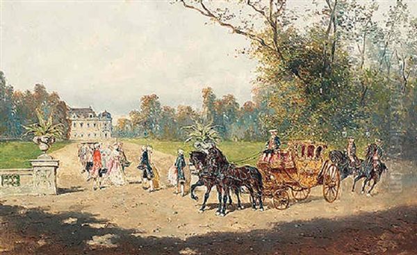 An Elegant Company With A Carriage In A Park Landscape, A Castle Beyond Oil Painting by Alexander Ritter Von Bensa