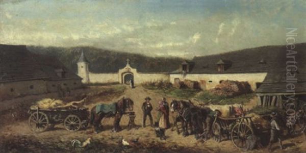 Pferdefuhrwerke Im Hof Eines Bauerngehoftes Oil Painting by Alexander Ritter Von Bensa