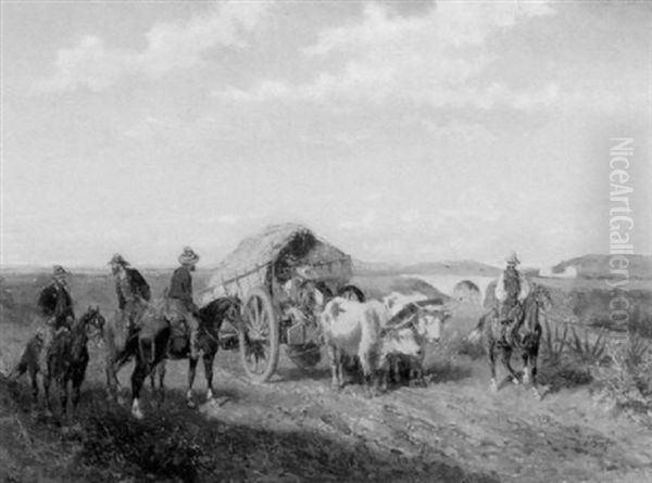 Ox Cart And Horsemen Along The Road Oil Painting by Alexander Ritter Von Bensa