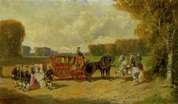 Staatskarosse, Reiter Und Hofische Gesellschaft Der Rokokozeit Vor Parklandschaft Oil Painting by Alexander Ritter Von Bensa