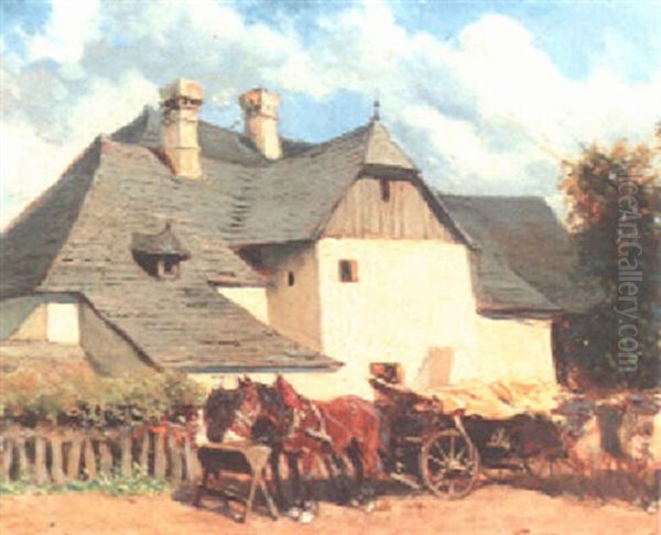 Bauerngehoft Mit Pferdewagen Und Ochsengespann Oil Painting by Alexander Ritter Von Bensa