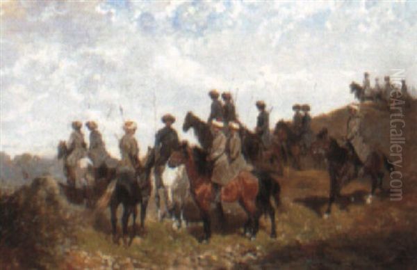 Cossacks On Horseback Oil Painting by Alexander Ritter Von Bensa