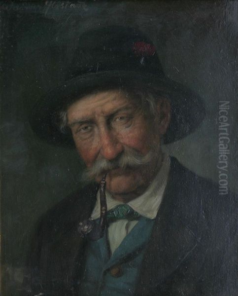 Portratt Av Man Med Hatt Och Pipa Oil Painting by Magnus Ahlstedt