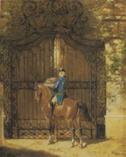 Eleganter Kavalier Hoch Zu Ros, Vor Schmiedeeisernem Portal Oil Painting by Alexander Ritter Von Bensa