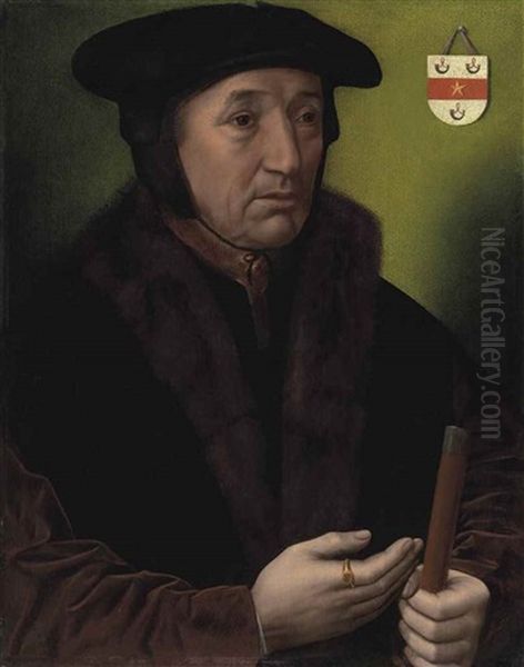 Portrait Of Jean Wyts, Watergraaf Of Mechelen (d. 1533), Half-length, In A Cap And Fur-trimmed Jacket, Holding A Rod Of Office In His Left Hand Oil Painting by Ambrosius Benson