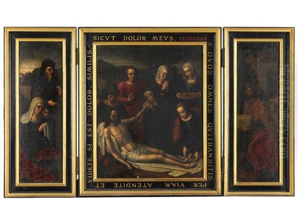 Lamentation, Saint And Donors (triptych) Oil Painting by Ambrosius Benson