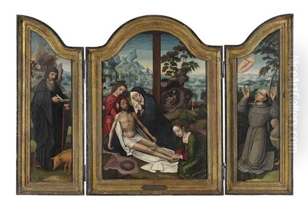 The Lamentation, With The Deposition Beyond (+ 2 Others; Triptych) Oil Painting by Ambrosius Benson