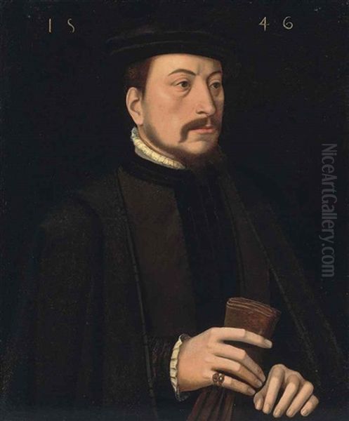 Portrait Of A Gentleman In Black Robes With A Ruff And A Black Mantle, Holding A Pair Of Gloves In His Right Hand Oil Painting by Ambrosius Benson