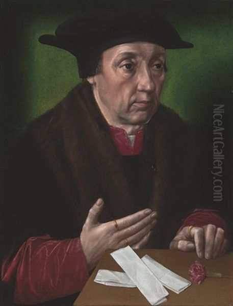 Portrait Of A Gentleman In A Fur-trimmed Black Mantle And Hat, His Left Hand On A Wooden Table With A Carnation And Papers Oil Painting by Ambrosius Benson