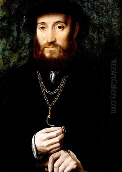 Portrait Of A Gentleman, Half-length, Wearing A Black Costume And Hat, Holding A Glove And A Ring Oil Painting by Ambrosius Benson