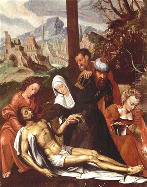 The Lamentation Of Christ With The Virgin Mary, Saint John The Baptist, Mary Magdalene, Joseph Of Arimathaea And Nicodemus Oil Painting by Ambrosius Benson