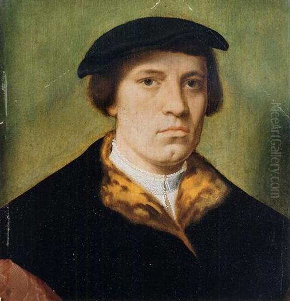 A Portrait Of A Gentleman Wearing A White Shirt And A Black Fur-lined Coat Oil Painting by Ambrosius Benson