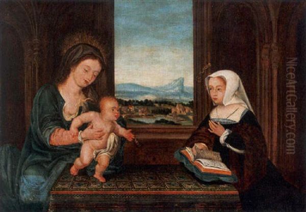 The Madonna And Child With A Female Donor Seated At A Table, An Extensive Landscape Beyond Oil Painting by Ambrosius Benson