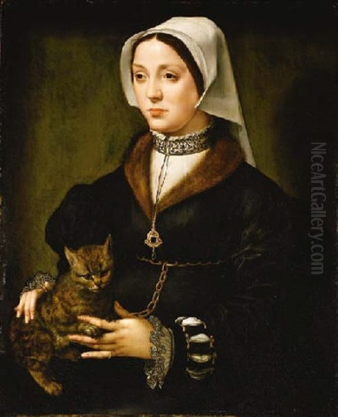 Portrait Of A Lady Wearing Dark Costume And A White Headdress, Holding A Cat Oil Painting by Ambrosius Benson