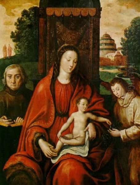 The Madonna And Child Enthroned, Adored By An Angel And A Donor Oil Painting by Ambrosius Benson