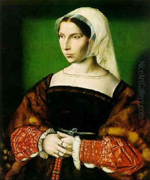 Portrait Of A Lady Wearing A Fur Stole, Holding A Rosary Oil Painting by Ambrosius Benson