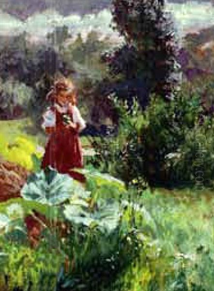 Young Girl Picking Flowers At Springtime Oil Painting by Frank Weston Benson