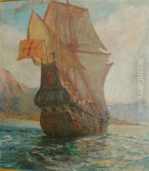 Untitled - Galleon Running Away #2 Oil Painting by John P. Benson