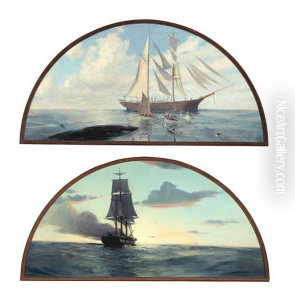 The Whale Hunt: Towing Back (+ Sailing Home; Pair) Oil Painting by John P. Benson