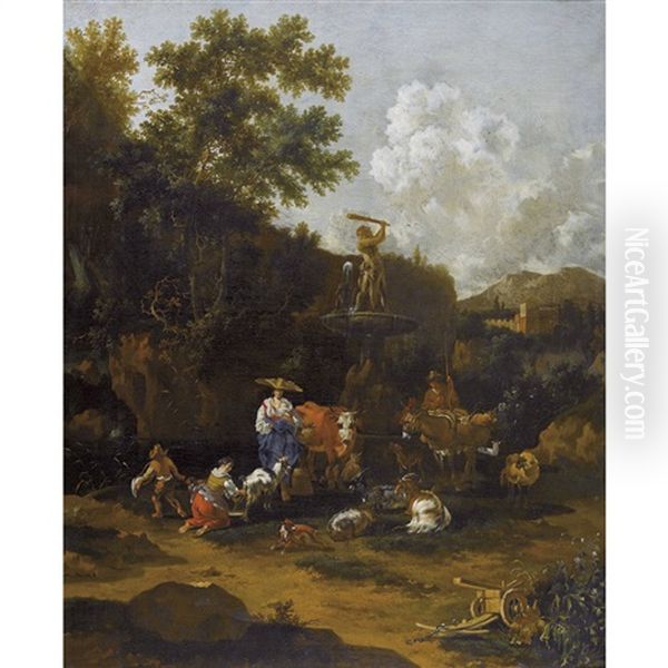 Italienische Landschaft Mit Bauern Am Herkulesbrunnen Oil Painting by Johannes van der Bent