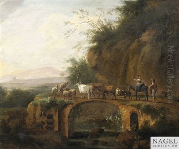 Italienisierende Landschaft Mit Hirten Auf Einer Brucke Oil Painting by Johannes van der Bent