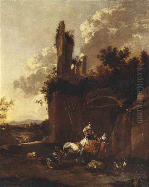 An Italianate Wooded Landscape With A Black Smith Shoeing A Horse And Other Figures Near A Ruined City Gate Oil Painting by Johannes van der Bent