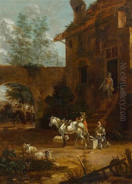 Horseman And Blacksmith Before A Farmhouse Oil Painting by Johannes van der Bent