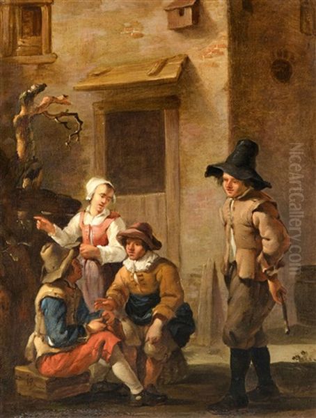 Four Figures Conversing In The Courtyard Of A Oil Painting by Johannes van der Bent