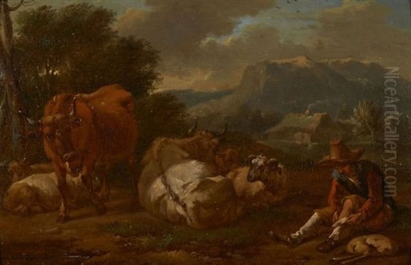 Vacher Et Son Troupeau Dans Un Paysage D'italie Oil Painting by Johannes van der Bent