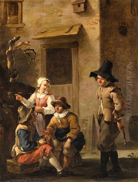 Four Figures Conversing In The Courtyard Of An Italian House by Johannes van der Bent