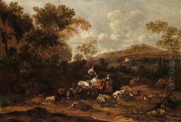 Sudliche Landschaft Mit Hirten Und Einer Viehherde Oil Painting by Johannes van der Bent