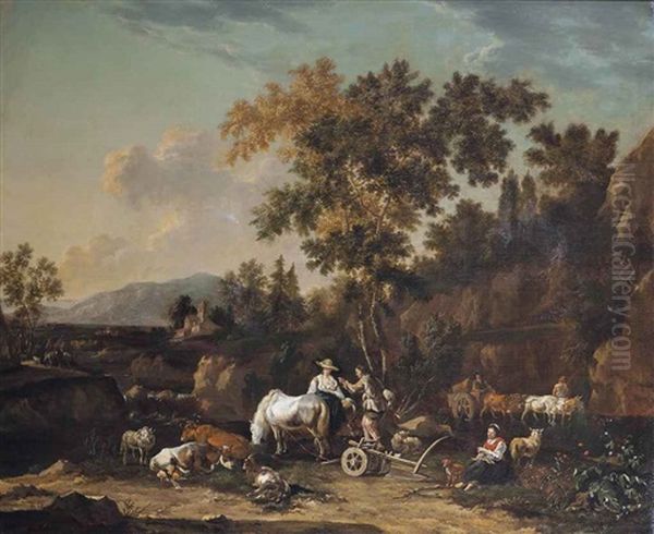 A Wooded Landscape With Peasants On A Track Oil Painting by Johannes van der Bent